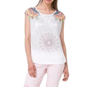 NWOT DESIGUAL Top M Floral Sequin Rhinestone Beads Multicolor Curve-Hem Stretch